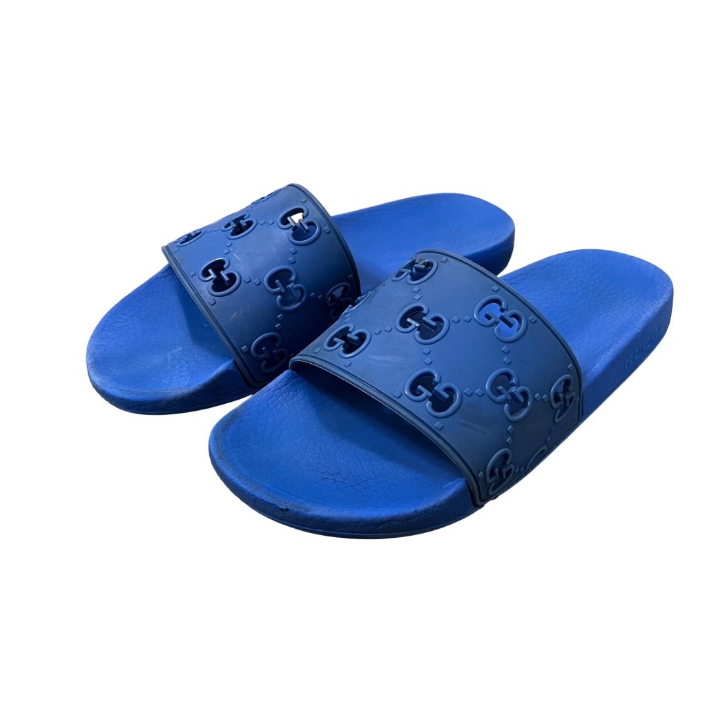 Gucci Mens Blue Gg Cut Out Rubber Slide Sandals Size 9.5